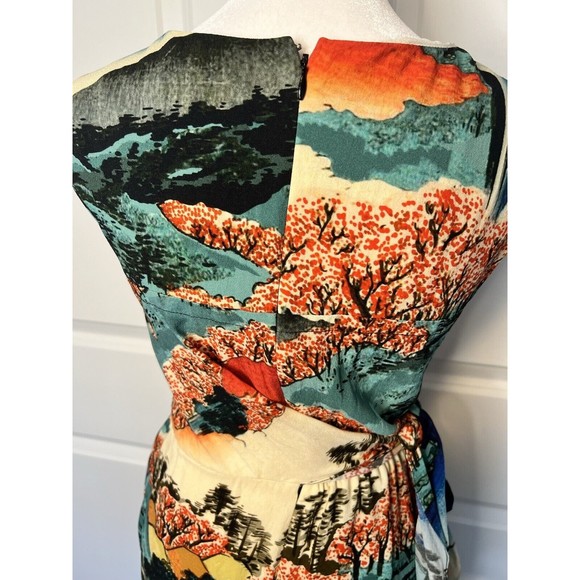 Carven Dress Asian Print Tie Wrap Scoop Neck Abstract Swoop Neck 36 8 / 10 - Picture 9 of 16